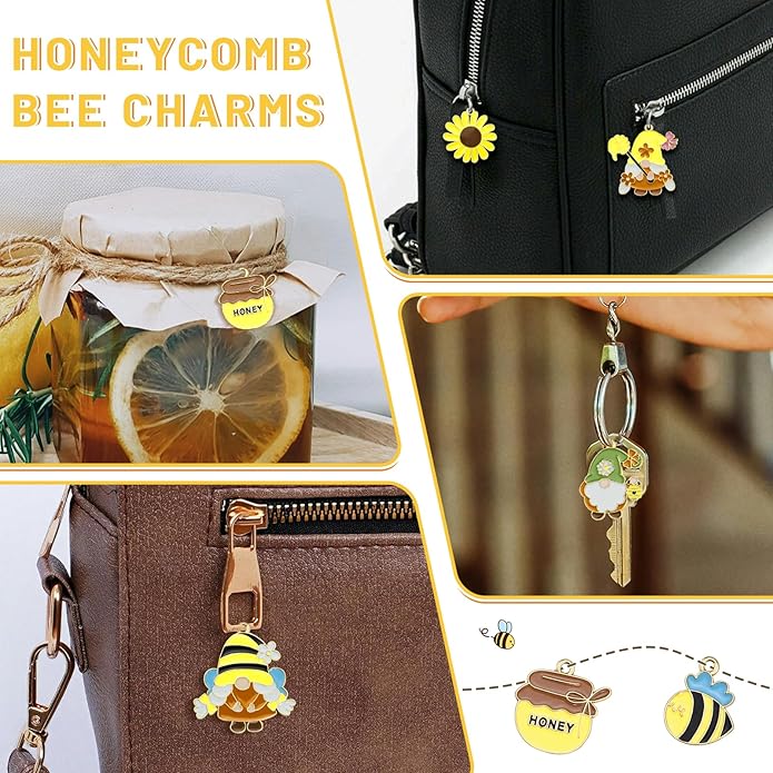 40Pcs Cartoon Enamel Bee Charms Set, 20 Styles Assorted Honeybee Honeycomb & Gnome Alloy Pendants for Jewelry Making Crafts DIY Necklace Bracelet Keychain Crafting Charms Kit