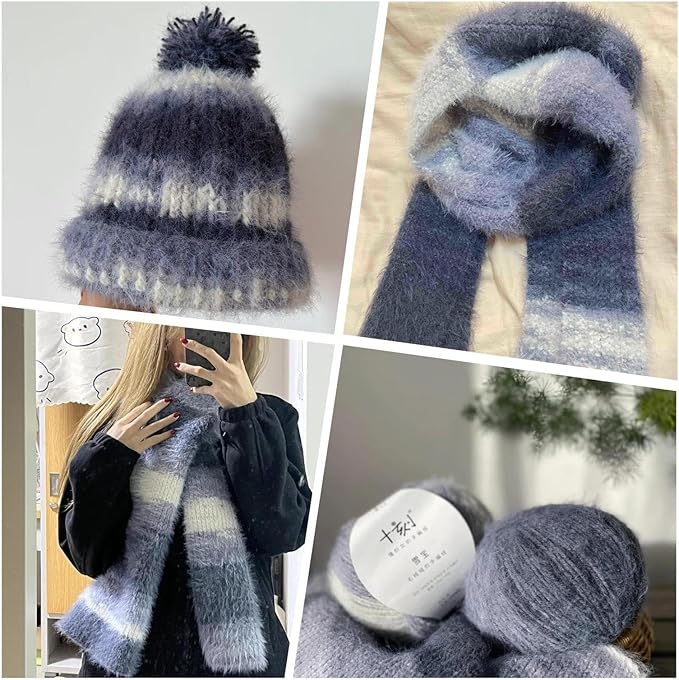 Snowbaby Wool Acrylic Blend Long Pile Yarn,(Worsted) Luxurious Fuzzy Multicolor Gradient Yarn for Knitting and Crocheting Hat Scarf Sweater, 2 * 3.52oz/100g 207yds(57-Black White Gray)