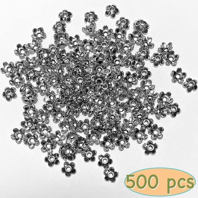 Heather's cf Flower Bead Caps Custom Fancy Charm Jewelry Making Spacer Kit Findings Bulk Vintage for Bracelets Earrings Necklaces Rings Beading Supplies Craft Non Tarnish DIY (Silver Petal - 500 Pcs)