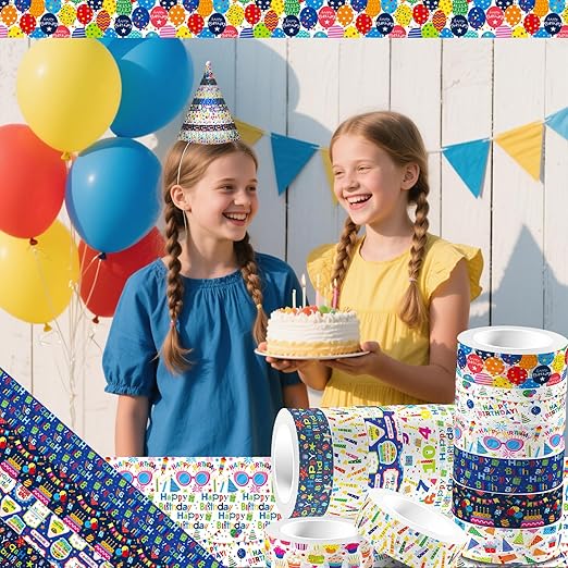 12 Rolls Happy Birthday Washi Tape, Colorful Cake Candles Masking Tapes, Balloons Birthday Hat Decorative Washi Tape for Birthday Party Gift Wrapping Scrapbooking DIY Art Crafts 16.4FT