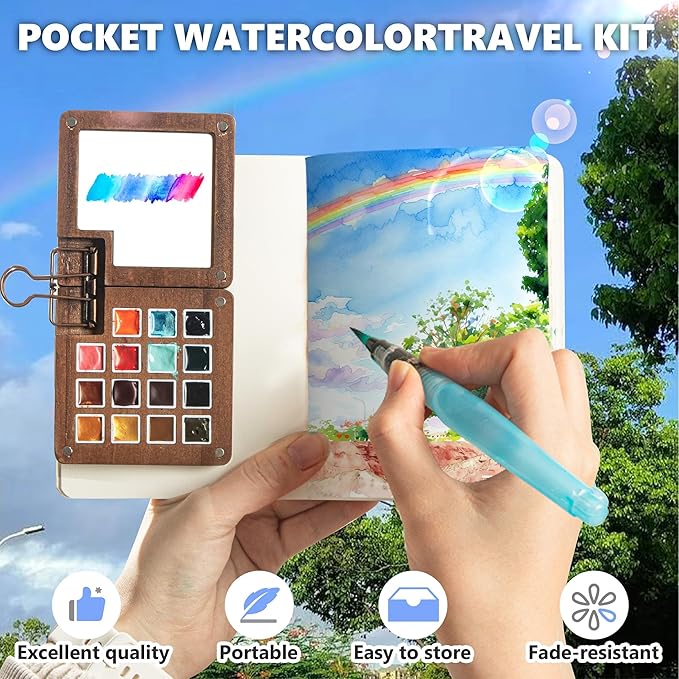 Mini Paint Palette Travel Kit - 15-Colors Pocket Artist Water Color Travel Set with Crossbody Bag, Watercolor Journal, Metal Clip, Paint Water Cup, Water Brush, Wooden Paint Box for Painters Artists