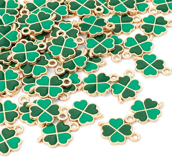 Cheriswelry 50Pcs Green Clover Charms Shamrock Four Leaf Lucky Pendants St. Patrick's Day Enamel Alloy Pendants 18x12x1.3mm for DIY Crafts Necklace Bracelet Earring Jewelry Making