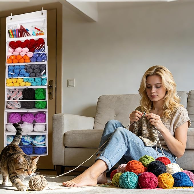 Hanging Yarn Storage Organizer, Large Capacity Knitting Organizer Storage with 6 Zipper Closure Compartments, Over the Door Hanging Yarn Holder for Knitting Needles Crochet Kit Crochet Hooks