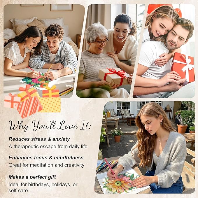 Mandala and Nature Coloring Books for Adult Women Relaxation Spiral Bound Page Printed Single-Sided Gifts Arts and Crafts for Women to Relax, Anxiety and Depression 24 Colorful Coloring Pages