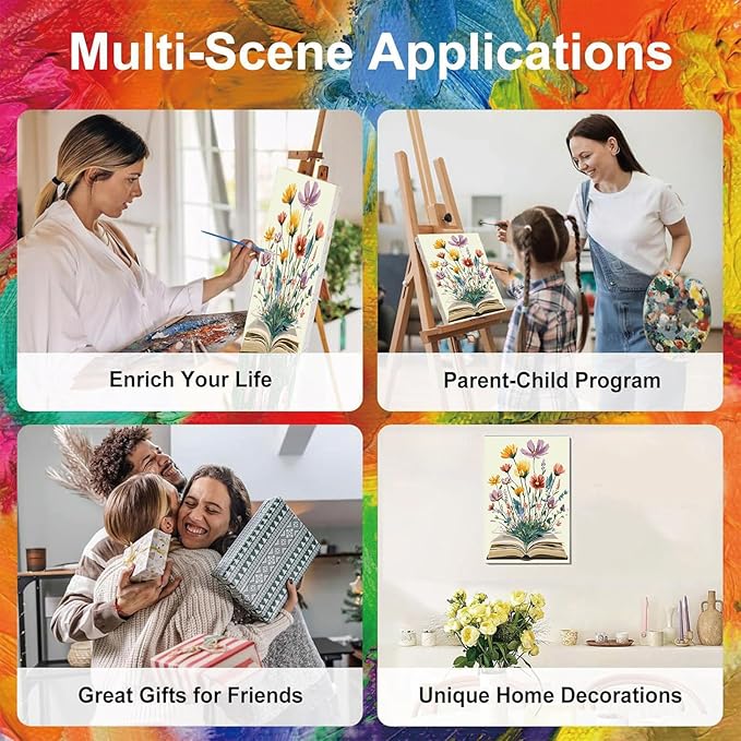 xackcme Book Paint by Numbers for Adults with Framed Canvas - with Wooden Easel, Flowers Paint by Number on Canvas, DIY Books Acrylic Oil Painting Kits with Brushes for Home Wall Decor (8x12 inch)
