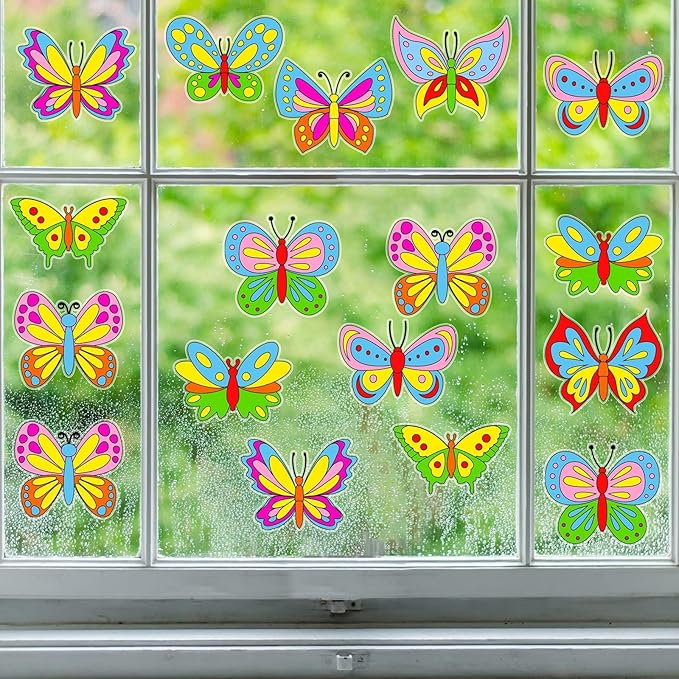 Qyeahkj 30 Pack Spring Butterfly Crafts for Window Suncatchers Crafts Kit DIY Spring Coloring Arts Crafts Window Clings Stickers with 8 Markers Hobby Gifts for Home Decorations