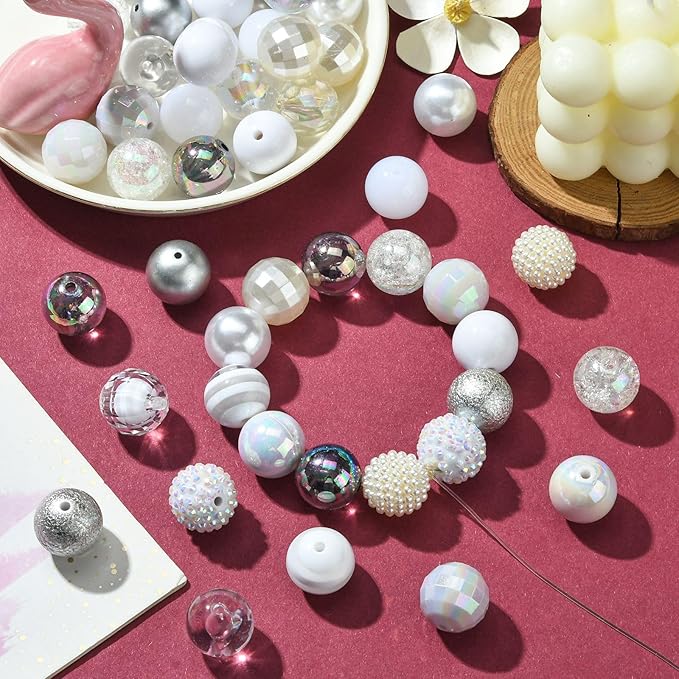 Ipotkitt 50 Pcs 20mm Acrylic Bubblegum Beads Round Spacer Loose Beads White Theme Disco Ball Chunky Rhinestone Beads for Pen Bag Chain Jewelry Making