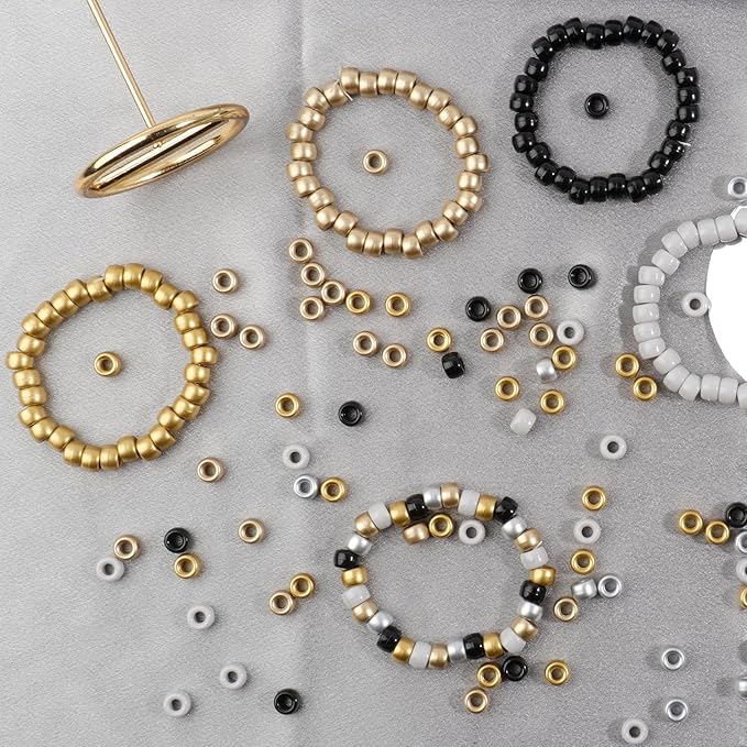 1200Pcs Friendship Bracelet Bead, 6x9mm Pony Beads for Jewelry Making, 5 Style Gold Silver Colors Kandi Bead Bulk, Hair Beads for Braids with Stretch Cord and Scissors