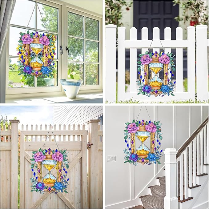 Reofrey Hanging Diamond Art Kits for Adults– 8x8 Inch Hourglass Acrylic Board Double Sided Pattern Diamond Painting Suncatcher Pendant, DIY Crystal Art for Home Wall or Window Decoration Handmade Gift