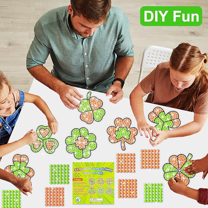 Qyeahkj 6 Pcs St Patrick's Day Arts Crafts DIY Shamrock Shape Gem Diamond Suncatcher Crafts for Kids Saint Patrick Diamond Painting Gifts Exchange for Kids Aged 4 6 8 10 12 for Home School Party Decor