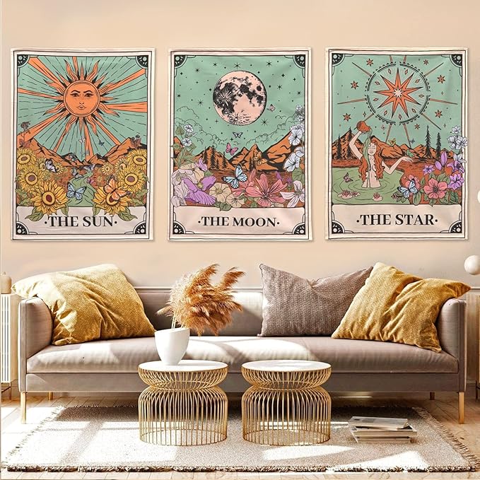 aipon tarot tapestry cute tarot card tapestries 3 pack sun moon star green floral flower small aesthetic tapestry wall hanging for bedroom living room dorm (15'' × 20'')
