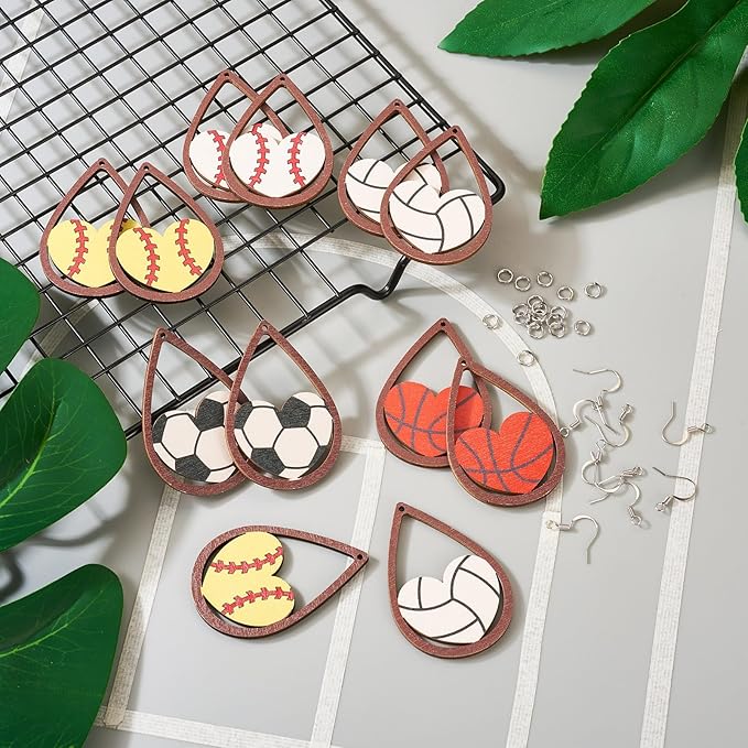 Beadthoven 10 Pairs DIY Sports Ball Wood Dangle Earrings Making Starter Kit Sports Lover Big Wood Pendant Hollow Teardrop Heart Charms Earring Hooks Jump Rings for Jewelry Making Adult Valentine’s Day
