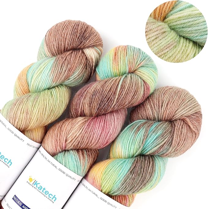 Katech Wool Yarn for Crocheting- 10.58 oz/ 300g Gradient Yarn Wool 52%, Cashmere 10%, Polyester 38%, 885 yds/ 810m Multi Colored Yarns Cashmere Yarns for Knitting Socks Sweater Shawl-Green Brown
