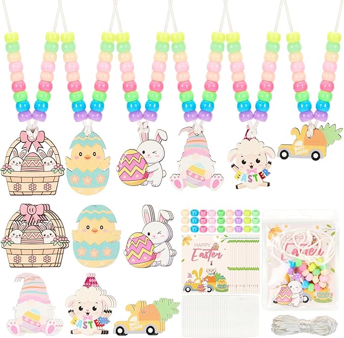 Bafeil 24 Set Easter Crafts Bead Necklace Making Kit for Kids - DIY Make Your Own Bunny Necklace for Arts and Crafts Project, Classroom Activities Gifts, Party Favors & Easter Basket Stuffers