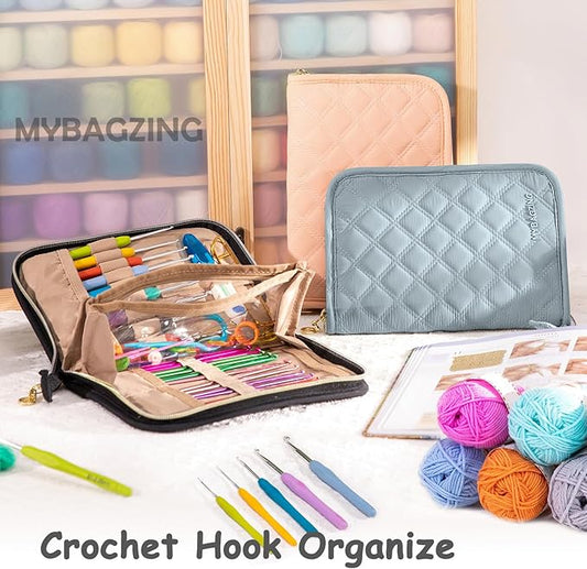 MYBAGZING Crochet Hook Set with Storage Case – 14 Ergonomic Crochet Hooks(2mm(B)-10mm(N), 10 Stitch Markers, Crochet Organizer for Crochet Needles, Accessories, and Supplies