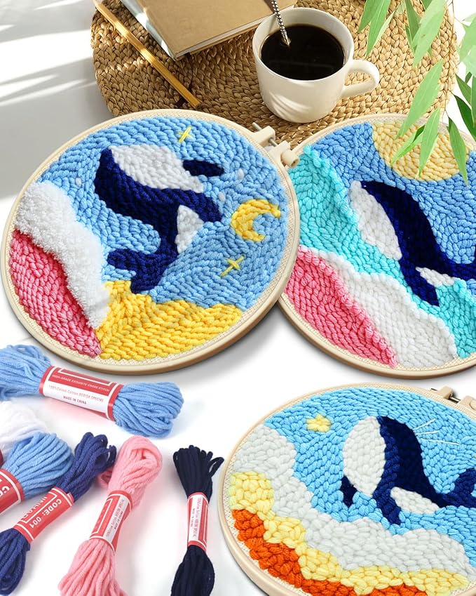 TINDTOP Punch Needle Kits, 3 Pack Punch Needle Embroidery Kits for Adults Beginner, Tool with Punch Needle Fabric, Hoops, Yarns and Sewing Needles (Whale)