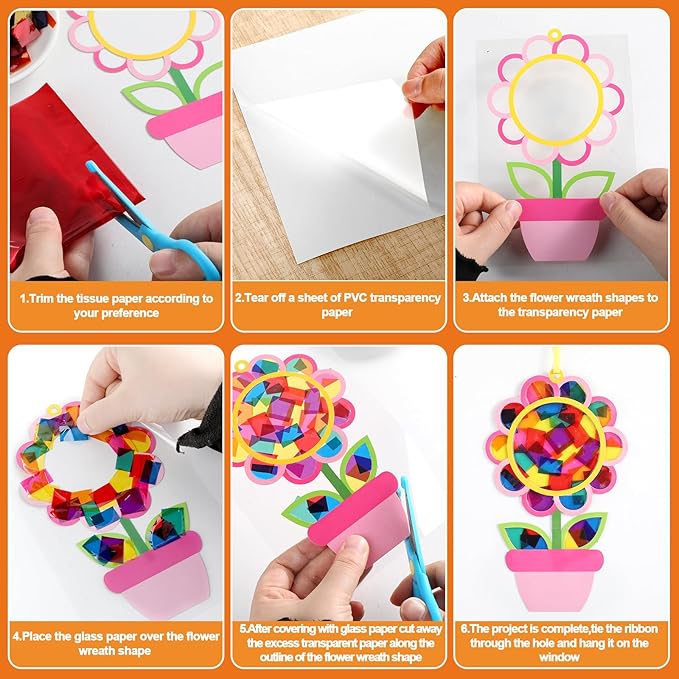 32 Sets Spring Suncatchers Craft Kit Flower Pot DIY Window Art Sun Catchers Stained Glass Ornament Colorful Plant Paper Crafts Home School Classroom Decorations Creative Project Activity Game