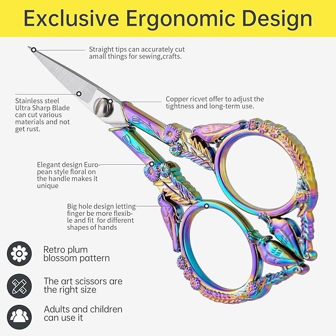 Crochet Scissors with Cover – Rainbow Vintage Small Embroidery Scissors, Sharp Craft Scissors for Yarn Thread Sewing Needlework, Cute Bird Design Gift for Crocheter Quilter, 4.6 Inch