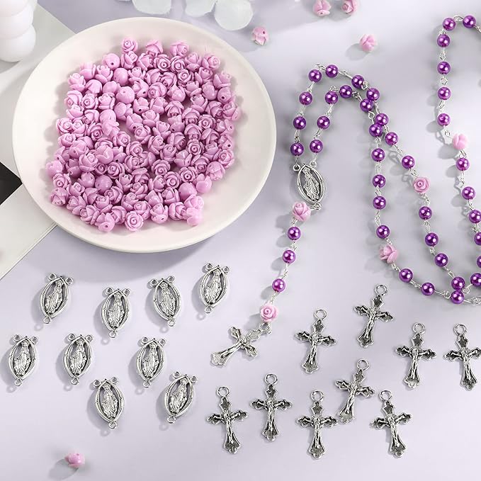 Sureio 140 Pcs Rosary Making Supplies Carved Rose Beads Flower Beads Kit Cross Centerpiece Crucifix Medal, Silver Jesus Maria Pendant for Bracelet Necklace(Purple)