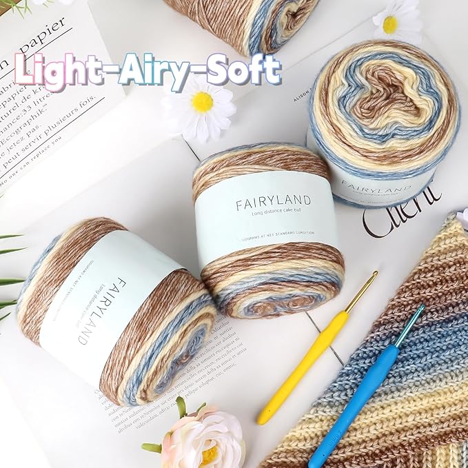 Katech Fairyland Yarn for Crocheting Knitting-Gradient Yarn Cake-4 Pack of 100g/3.52 oz-Soft DK Light Weight #3-60% Cotton 30% Acrylic 10% Wool-Perfect for Scarves, Shawls, Blankets and Garments(A)