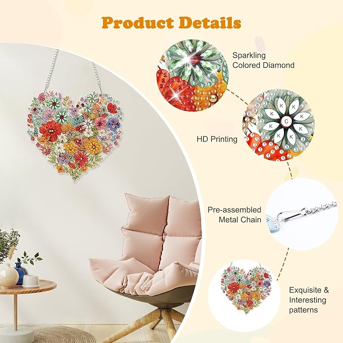 HEIBAGO Heart Flower Diamond Art Hanging Kits for Adults, Diamond Art Suncatchers, 5D Special Shape Diamond Painting Pendant, DIY Window Ornament Gifts for Home Garden Door Wall Decor 8.3 x 8.3 Inch