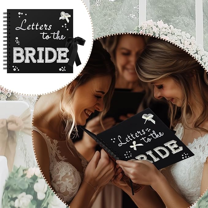 Fuyoooo 8 x 8 Inch Letters to The Bride Scrapbook Wedding Memory Book Bridal DIY Blank Paper Scrapbook Photo Album Guest Book Sign with Pearl Stickers, Metallic Letters, Bows(Black)