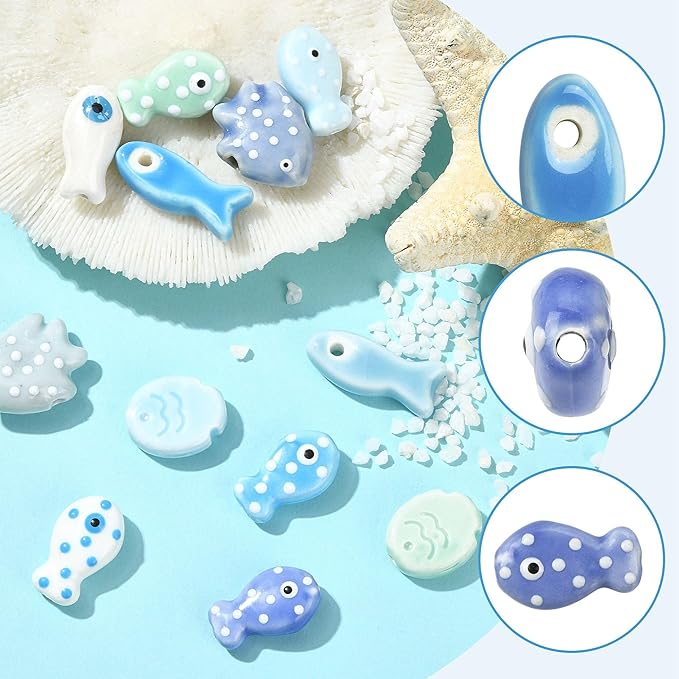 12Pcs Polka Dot Fish Ceramic Porcelain Beads for Jewelry Making Blue Ocean Sea Beach Animal Spacer Beads for DIY Necklaces Earrings Bracelets Keychains Jewelry Findings Accessories