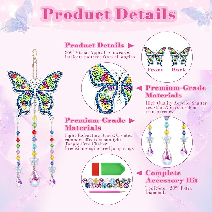 4pcs Diamond Painting Kit for Kids Ages 8-12, Birthday Gifts for 6 7 8 9 10 11 Year Old Girls Diamond Art Kits Crafts for Teen/Adults Wind Chimes Crystal Window Suncatcher for Home Garden Decor