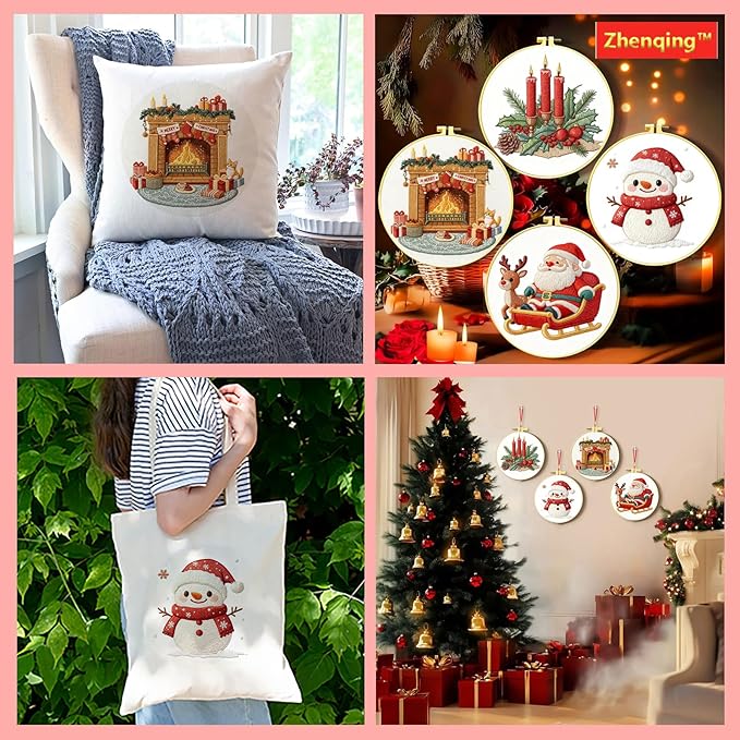 Zhenqing 4 Christmas Designs Embroidery Kit for Beginners, 4-Pack Pre-Printed 29x29cm Fabric with 20cm Hoop, Threads & Tools for Hand Embroidery - Snowman, Santa, Fireplace, Candles(C0183)