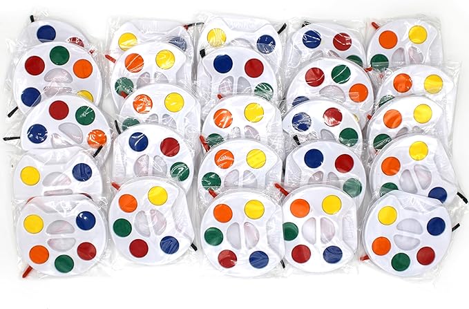 Color Swell Bulk Watercolors Round Paint Pack with Brushes - 25 Sets with 5 Washable Colors Each - Great for Kids, Classrooms, Parties, Students, Donations, Party Favors