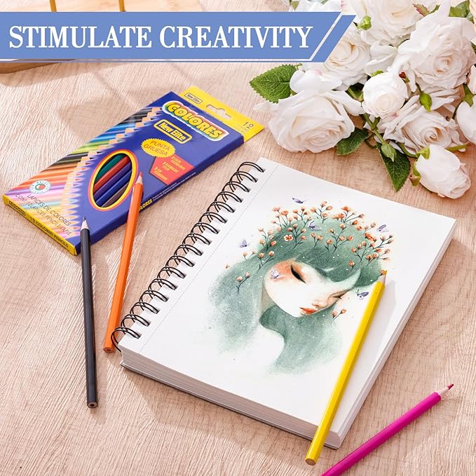 Sketch Book with 12 Color Pencil Set, 90 Sheets Spiral Sketchbook for Drawing (68lb/100gsm), Acid-Free Sketch Pad for Kids Artist, Art Paper Drawing Supplies for Gifts(Blue)