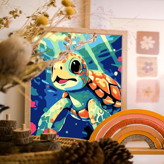 Gemozaic Sea Turtle Paint by Numbers Kit for Kids with Frame and Easel, Kids Paint by Number on Canvas for Age 4-8, 8x8 Inch