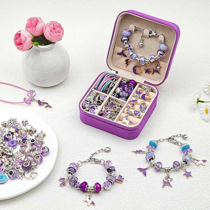ONADEBY Charm Bracelet Making Kit - Purple DIY Jewelry Making Kit for Girl, Friendship Bracelet Kit with Portable Jewelry Box Bag Packing for Birthday Christmas New Years Easter Valentine Craft Gifts