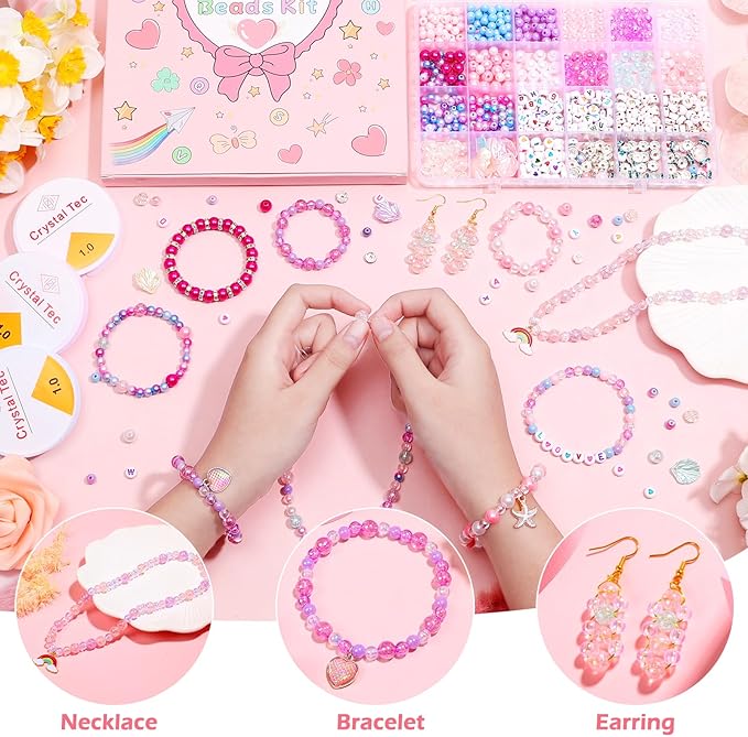 Qinzave 1074PCS Mermaid Bracelet Making Kit with Letter Beads, Bracelet Making Kit with Assorted Sizes 6mm 8mm, Mermaid Charm DIY Beads for Bracelet Necklace Earring Art Craft