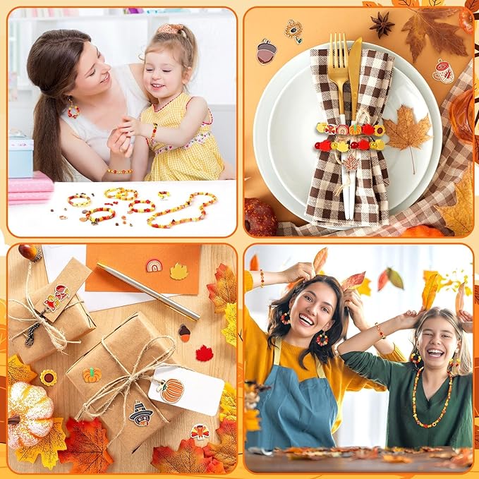 UPINS 2100PCS+ Fall Bracelets Beads Kit for Jewelry Making Thanksgiving Autumn Clay Round Maple Leaf Pumpkin Pony Pearl Beads for Fall DIYJewelry Supplies