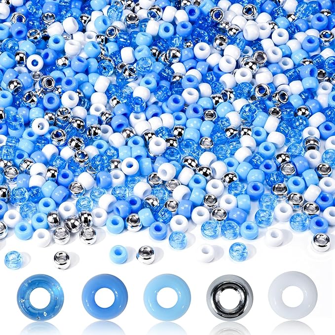 1000PCS Ocean Pony Beads Bulk – 6x9mm White, Silver Blue Glitter Kandi Beads for Bracelets, Jewelry, Hair Braids, Holiday Crafts & DIY Decorations