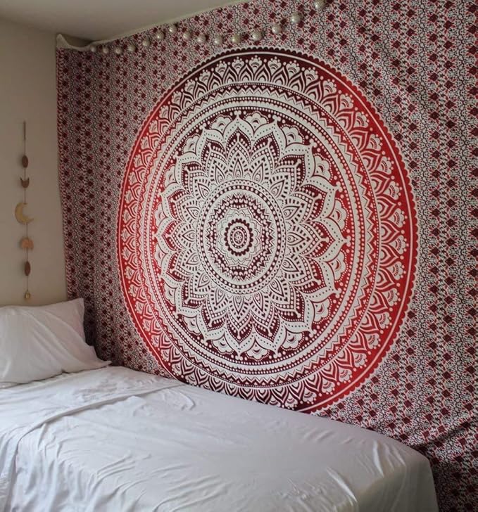 popular handicrafts tapestry wall hanging hippie ombre mandala bohemian hippy psychedelic design indian tapestries bedspread 30 x 40 inches (76 x 101 cms), red orange