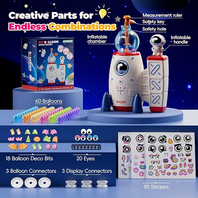 pinshile diy space magic balloon craft kit, sticker decorated balloons toy for kids, rocket air pump fun with balloon monster pals, diy creative activity, birthday gifts for girls boys ages 3+