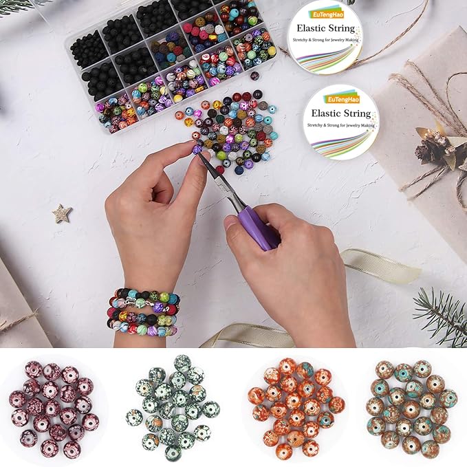 EuTengHao 846Pcs Lava Stone Beads Rock Loose Beads Cloisonne Beads Kit with Ink Patterns Chakra Beads Spacer Pendants Beads for Diffuser Essential Oils Adult DIY Bracelet Jewelry Making Supplies