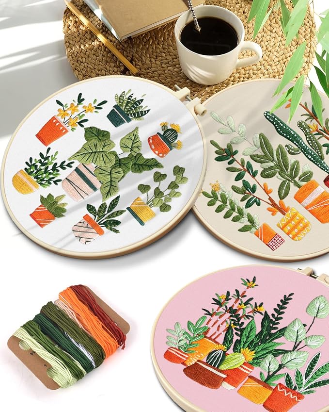 TINDTOP 3 Pack Embroidery Kit for Adult, Embroidery DIY Starter Kit, with Stamped Patterns, Hoop, Tools, Colorful Threads with Needles, Instructions