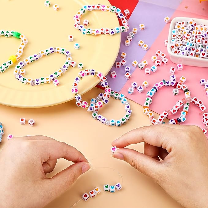 Augshy 1400Pcs Acrylic Colorful Heart Square Cube Beads for Bracelets Necklaces Phone Lanyard Making with 1 Roll Crystal String Cord for Jewelry Making(6mm)