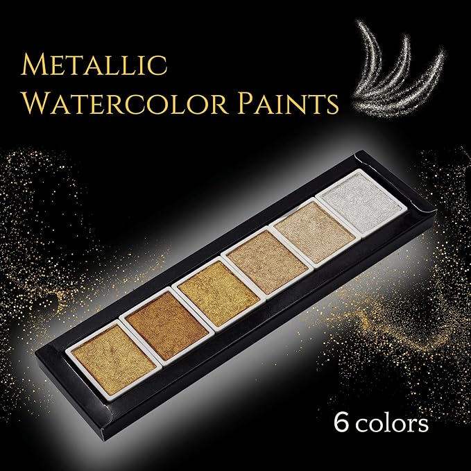 Golden Artistry: 6 Metallic Watercolor Paints Including Lustrous Gold for Professional Artwork