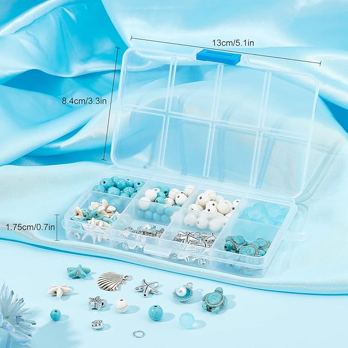SUNNYCLUE 1 Box DIY 6Pcs Summer Ocean Theme 8mm Turquoise Beads Bracelets Shell Charms Bracelet Making Kit Turtle Spacers for Jewelry Making Alloy Starfish Sandal Beads Necklace Anklets Craft Supplies