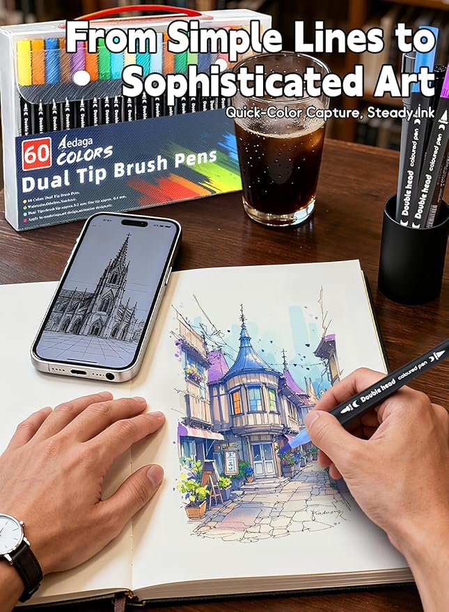 60 Colors Dual Tip Brush Pens, Fine Felt Tip and Brush Tips Colored Pens for Adults, Coloring Markers for Coloring Book Bullet Journaling Note Taking Hand Lettering