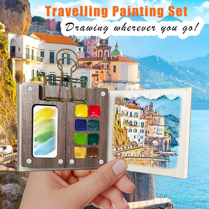 orbixa Mini Watercolor Palette Paint Set Travel Size - 12 Color Paint with 8-Wooden Grid Palette,Mini Sketchbook & Brushes | Portable Artist Supplies Kit for Students, Beginners, Outdoors Use (gray)