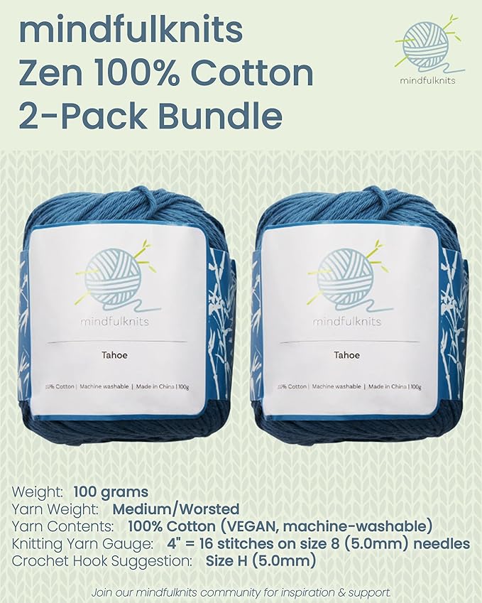 Knitting Yarn, Crochet Yarn, Mindfulness and Relaxation 100 Percent Cotton Yarn, Single Color 2-Pack - Medium Number 4 Worsted Bundle, Soft & Gentle for Garments, Amigurumi, Baby Items by mindfulknits