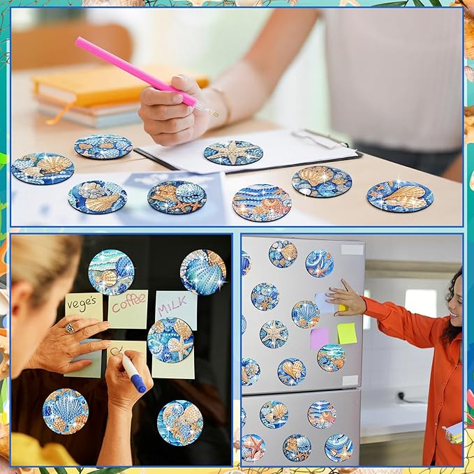 30 Pcs Magnetic Diamond Art Painting Ocean Magnets Blue Fridge Diamond Art Painting Kits Sticker Magnet DIY Craft for Adult Beginner Souvenir Gift Office Home Decor