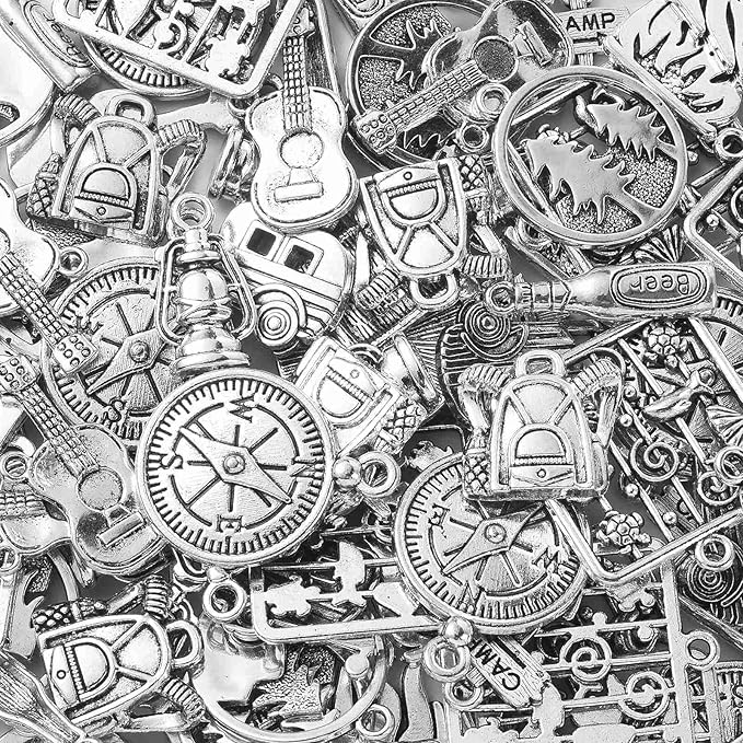 DanLingJewelry 100Pcs 10 Styles Retro Camp Charms Camp Sign Fire Guitar Carriage Oil Lantern Wine Bottle Charms for Jewelry Making DIY