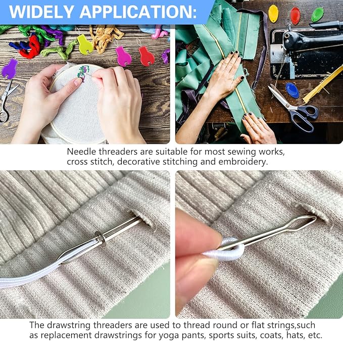Lechchy Needle Threader for Hand Sewing & Sewing Machine - 10 Simple Needle Threaders for Embroidery Floss + 2 Seam Rippers + 2 Drawstring Threaders + 5 Needles