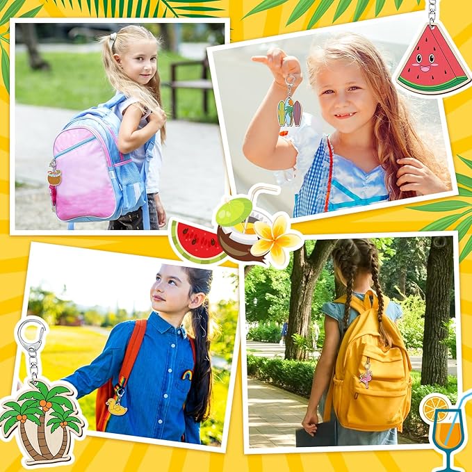 Trnayi 36 Pcs Summer Unfinished Wooden Keychains Color Your Own Beach Fruit Keychains Tropical Hawaiian Luau Blank Wood Painting DIY Crafts for Summer Party Activities Arts Project Decor